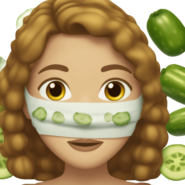 Girl with freackles Brown hair and white skin wears skin care mask Thats Green and pickle on her closed eyes emoji