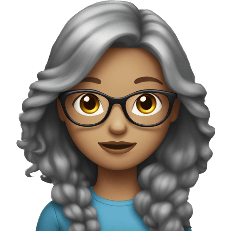 A long hair red headed girl with blue eyes, light skin, black glasses, holding an all grey cat  emoji