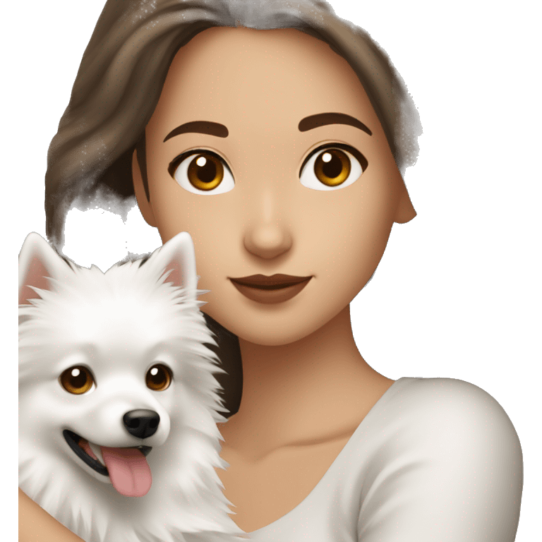 20 year old women with brown hair and brown eyes holding a white japanese spitz dog emoji