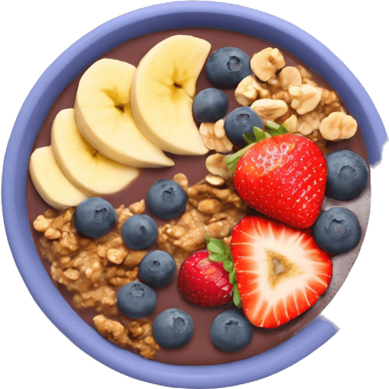 Acai bowl with blueberries, peanut butter, strawberries, granola and banana emoji