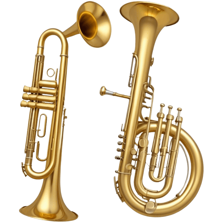 Create a simple and symbolic emoji collage representing wind instruments. Include a variety of iconic elements like the bell of a trumpet, the mouthpiece of a saxophone, and a subtle outline of a trombone. Arrange the elements in a dynamic and balanced way. Use warm metallic tones like gold, brass, and silver for the instruments, with a clean and minimalist design. The background should be transparent, focusing on the shapes and silhouettes of the instruments to convey their essence without excessive detail. emoji