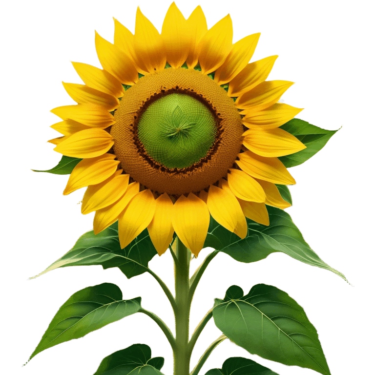 Cinematic Realistic Sunflower Emoji, Tall and bright, with a large, golden-yellow blossom facing the sun, its broad, textured petals surrounding a dark center. The sturdy green stalks and leaves frame the vibrant flower, while a gentle breeze causes the petals to sway. Soft glowing outline, capturing the essence of sunshine and warmth in a cheerful, towering sunflower! emoji