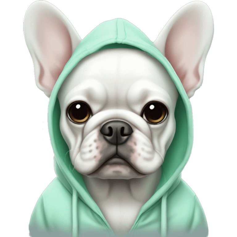 White French bulldog with a hoodie that is mint colored emoji