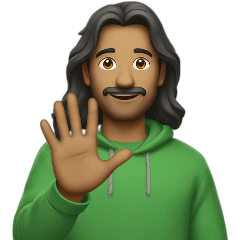 an indian man wearing a green sweatshirt, long hair down to chest, no beard or mustache, waving goodbye, close up emoji