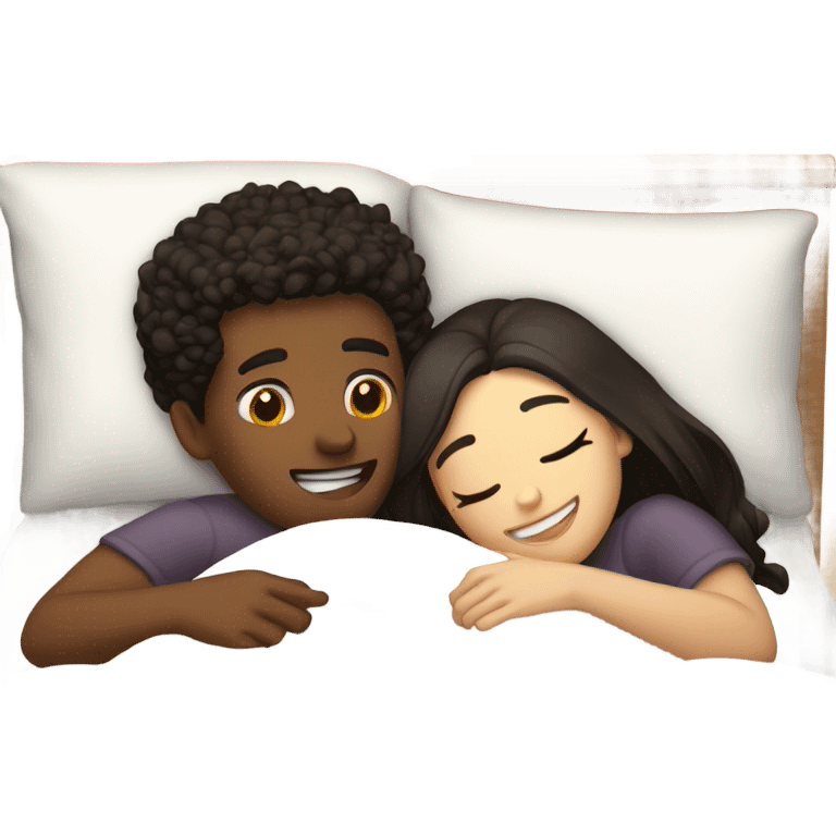 Blonde girl and brunette guy cuddling in bed emoji