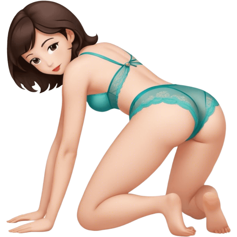 brunette intimate sfw cute lingerie pose bending arched curved IN back face down emoji