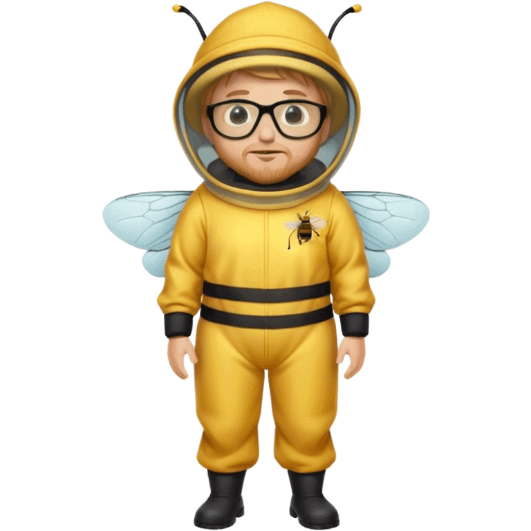 full body medium plus size male bee keeper in yellow and black with short light strawberry blonde hair and goatee wearing glasses with bee keeper hat emoji