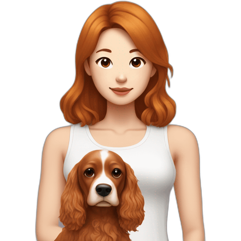 korean woman with long dark brown hair in a white singlet sits with ginger colour cocker spaniel emoji