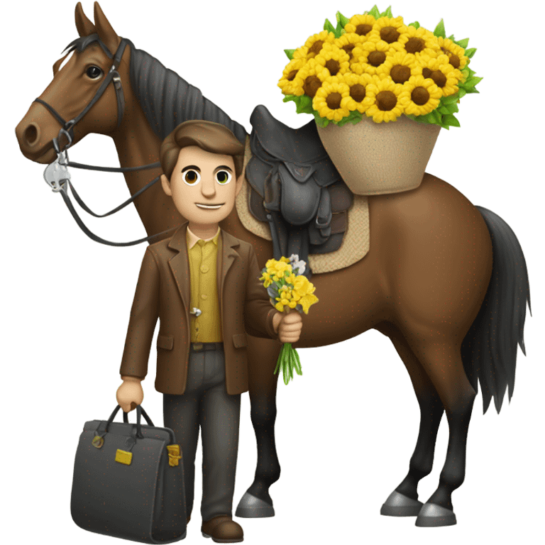 Guy with head of a horse and holding a big key and a bag filled with flower emoji