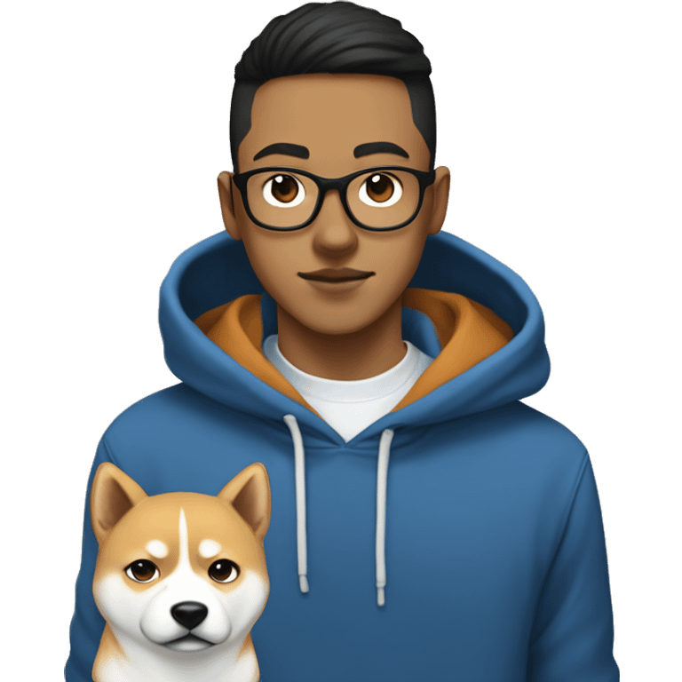 A young guy with white ponytail, black-framed glasses, a nose piercing, a blue hoodie and a Shiba Inu dog next to him emoji