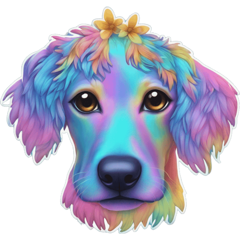 Multicolored rainbow retro groovy tie dye hippie trippy floral patterns on a metallic holographic iridescent blue dog face head unicorn emoji