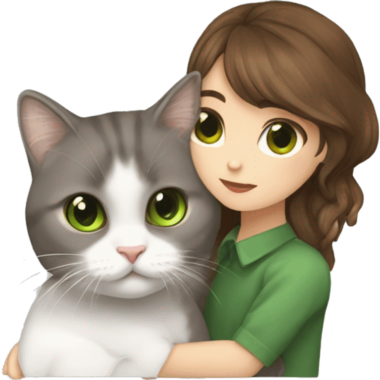 Girl with brown eyes and brown hair kiss Scottish fold while with gray cat with green eyes and emoji