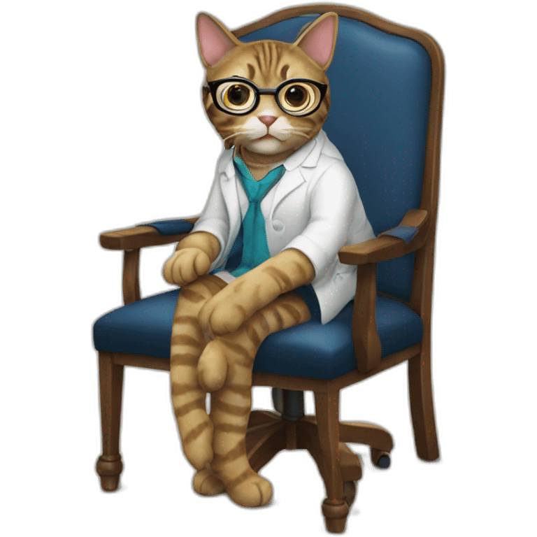 a cat phd in a chair by desk with glasses and dress emoji