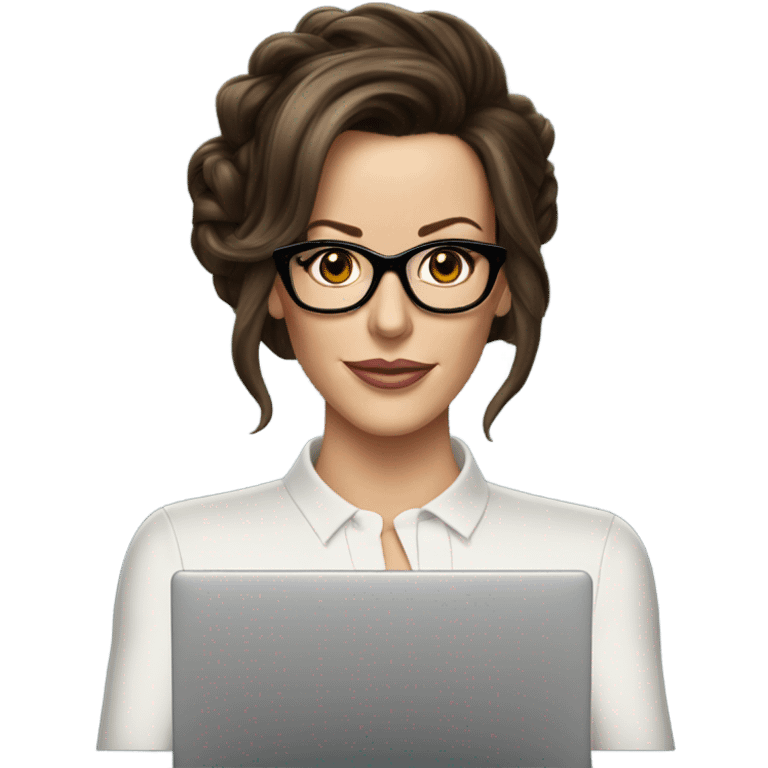 Kate Beckinsale, glasses, updo holding laptop emoji