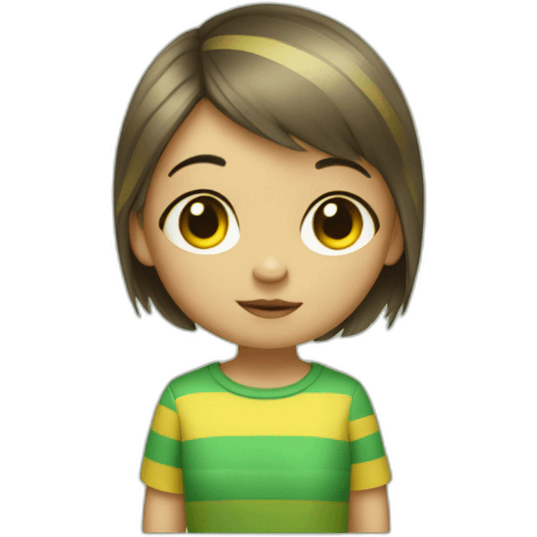 little girl with short hair wears striped green and yellow shirt giving a thumbs down emoji