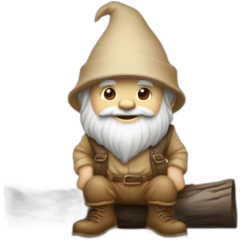 side angle of gnome with light tan pants and light tan boots squatting in front of small brown log emoji