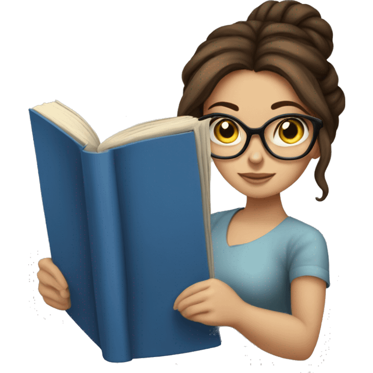 Messy bun brunette haired girl with blue eyes reading a book and wearing glasses  emoji