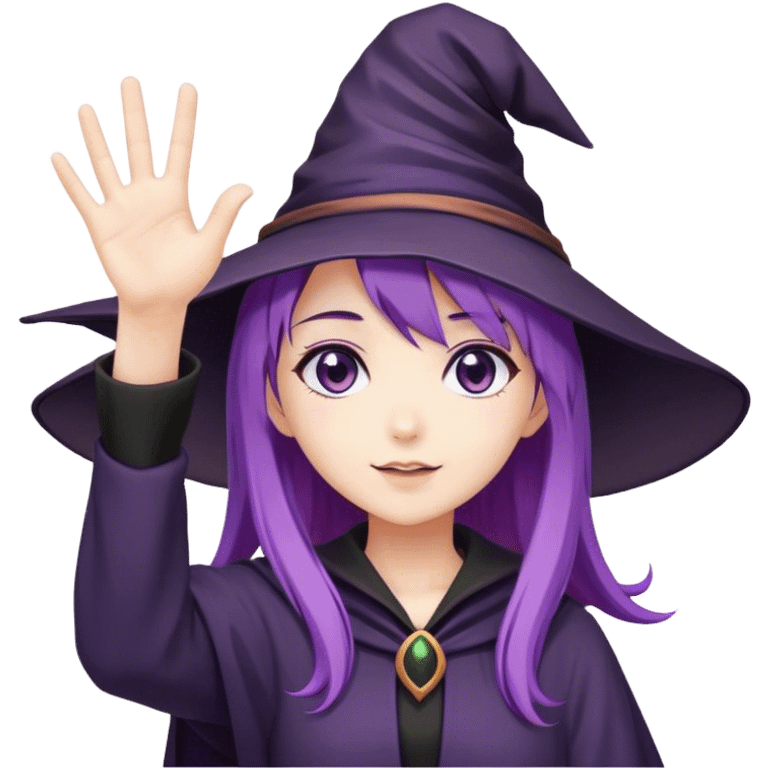 anime girl with purple hair in witch hat waving hand emoji