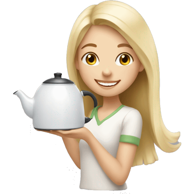 Happy blonde girl with a white kettle making tea emoji