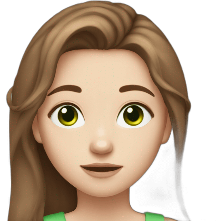 Messy long brown haired girl with green eyes, pale skin and little birthmark on neck middle part emoji