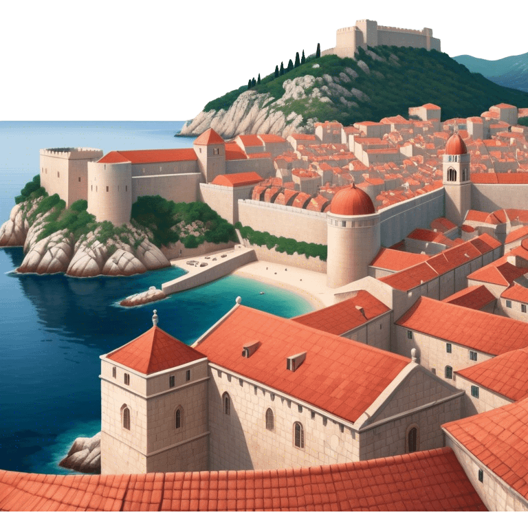 Cinematic Realistic Dubrovnik Landmark Emoji, depicted with historic fortified walls and red‚Äêtiled roofs rendered with intricate detail and dynamic, coastal lighting. emoji