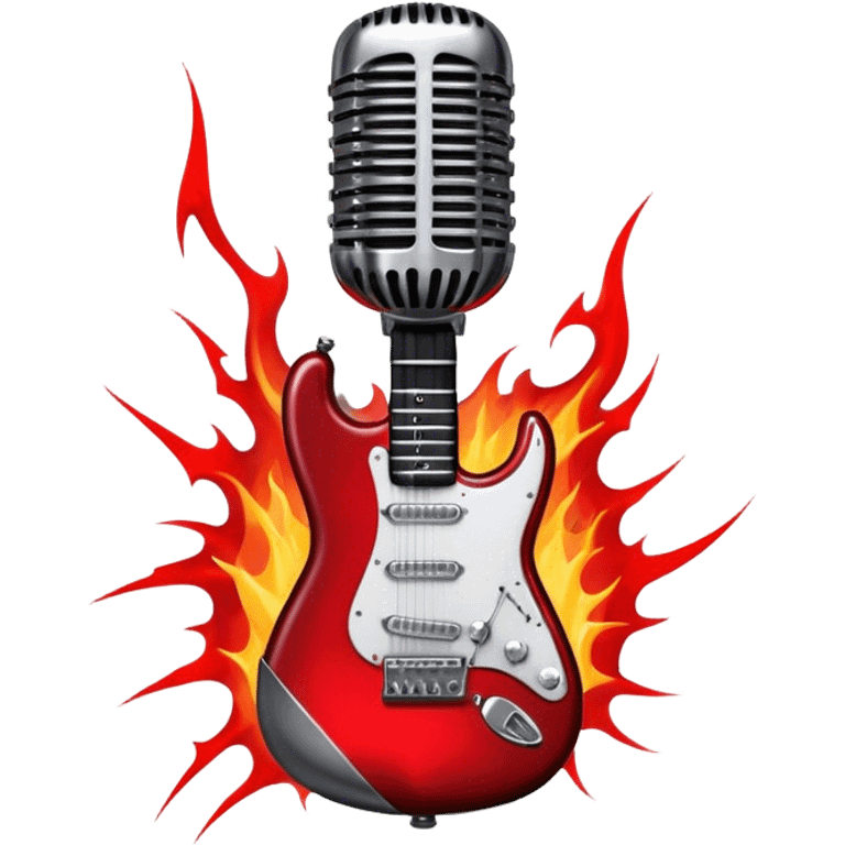 Create a fierce and edgy emoji representing hardcore rock vocal performance in a humanless collage. The design should feature a vintage microphone at the center, surrounded by a menacing, distorted electric guitar with sharp, aggressive angles. Add crossed drumsticks behind the microphone to symbolize the rhythm and power of the drums. Include subtle elements like lightning bolts, flames, or jagged sound waves to evoke the raw energy and intensity of hardcore rock. Use dark, intense colors like black, red, and silver, with a metallic, gritty finish to convey the rebellious, aggressive spirit of the genre. The background should be transparent. emoji