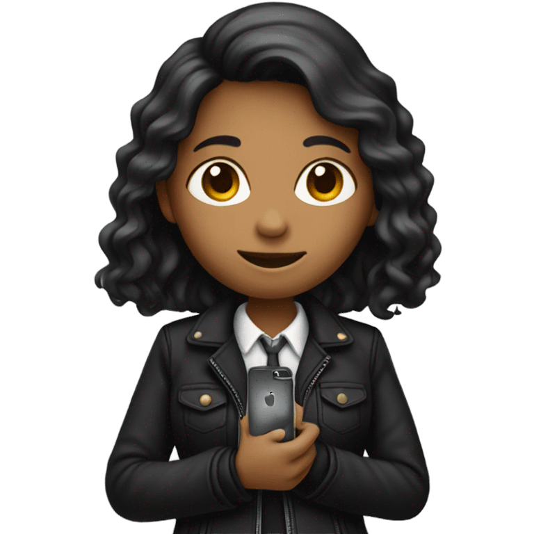 Standing girl emoji: black jacket, asian Poses: holding phone, emoji