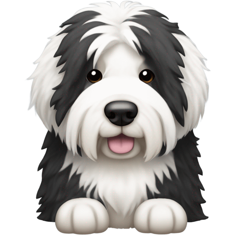 Old English sheepdog with a half and half face like a black (right side) and white (left side) cookie emoji