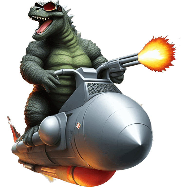 Godzilla with shotgun wearing sun glasses while riding a rocket  emoji