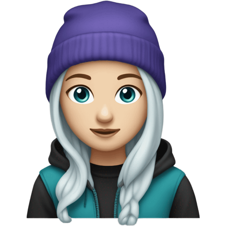 White girl, blue eyes, long teal hair, purple beanie hat, black hoodie, blue jeans, black shoes emoji