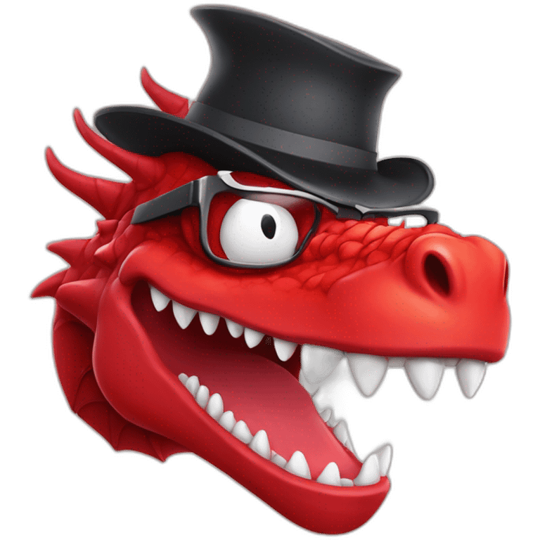 Crazy funny red dragon head with human white teeth and beautiful smile wearing glasses and hat emoji