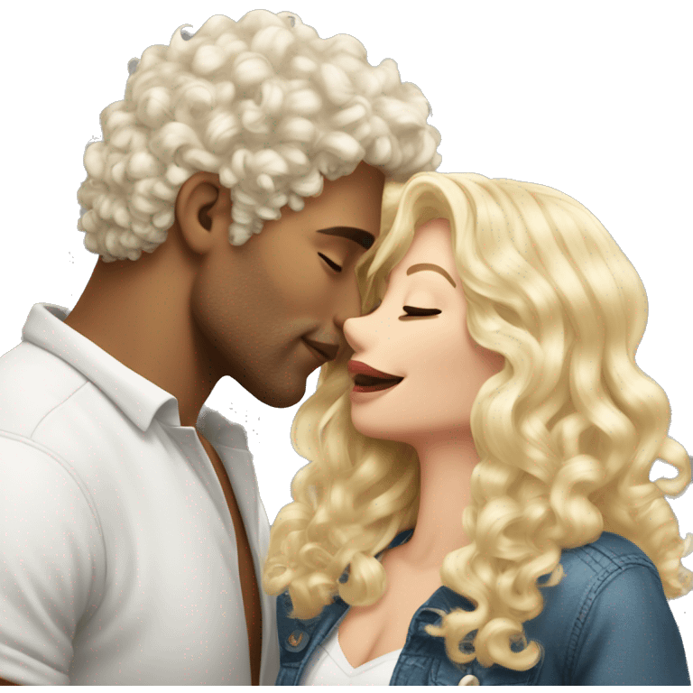 white curly hair hunk man kissing blonde pretty woman emoji