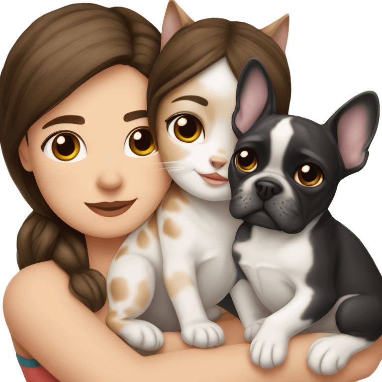 brunette hair girl cuddling a black and white frenchbulldog and a lynx point tabby cat emoji