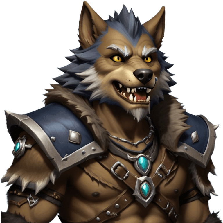 Cinematic Realistic WoW Worgen Portrait, head tilted dramatically with an exaggeratedly amused expression, blending ferocious beastliness with a touch of unexpected humor. His rugged fur, tanned skin, and worn leather garments are rendered with meticulous detail and dynamic lighting, high shine, dramatic yet whimsical, capturing the essence of a worgen whose epic might is tempered by a playful, irreverent charm. emoji