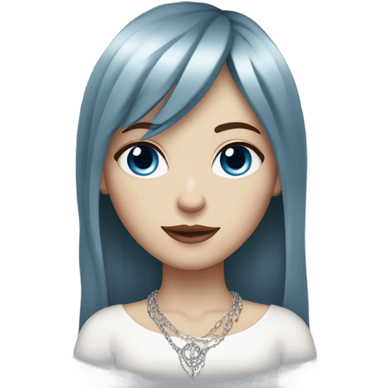 woman with pale skin, blue eyes and long dark red hair with layers and fringe bangs, wearing a white top and silver jewellery emoji