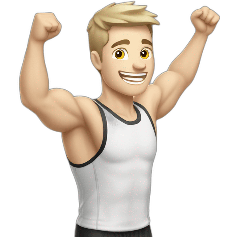 Joyful Celebrating victory Pale skinned Fit Man With the biceps and dark brown hair in black shirt, gray sports shorts and white Sneakers emoji