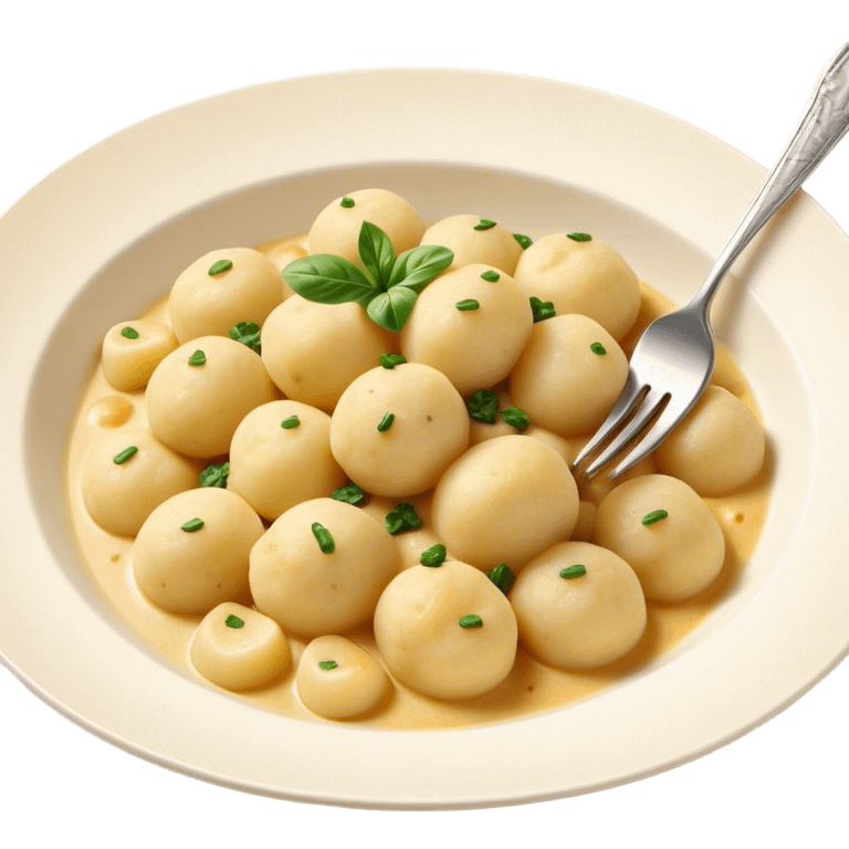 Gnocchi Cinematic Realistic Gnocchi Dish Emoji, depicted as tender potato dumplings garnished with iconic fork marks on top, rendered with soft textures and warm, inviting lighting. emoji