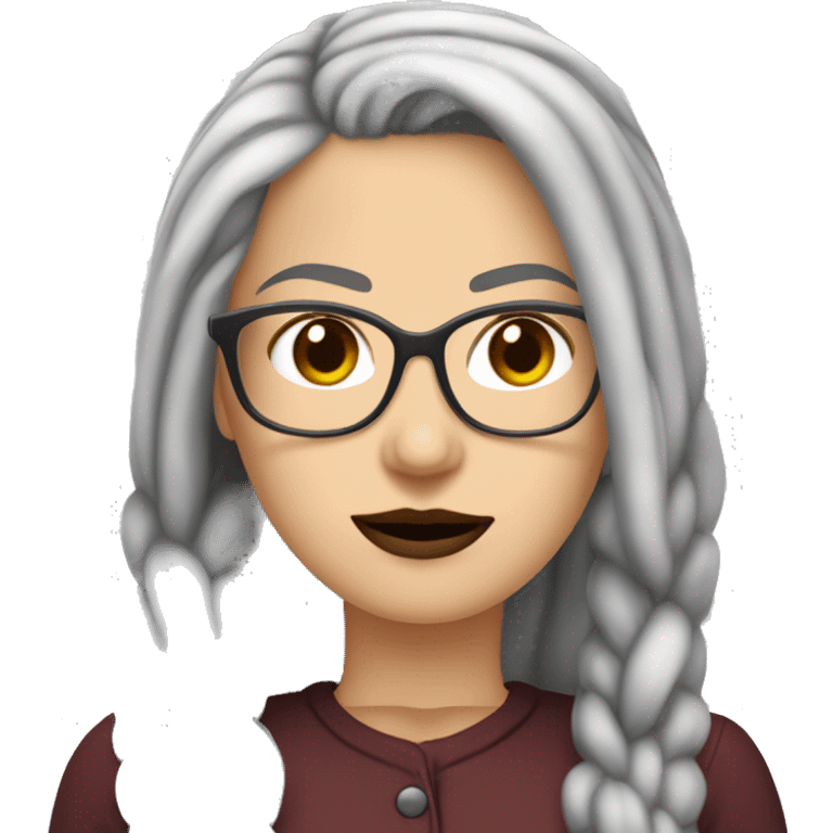 Attractive Caucasian woman with long straight grey hair worn in a braid, she has brown eyes, and is wearing wire frame glasses with dark red lipstick, she has a slightly  chubby face emoji