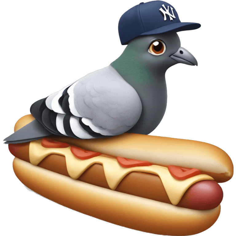 pigeon wearing New York yankee hat while lying on a hot dog emoji