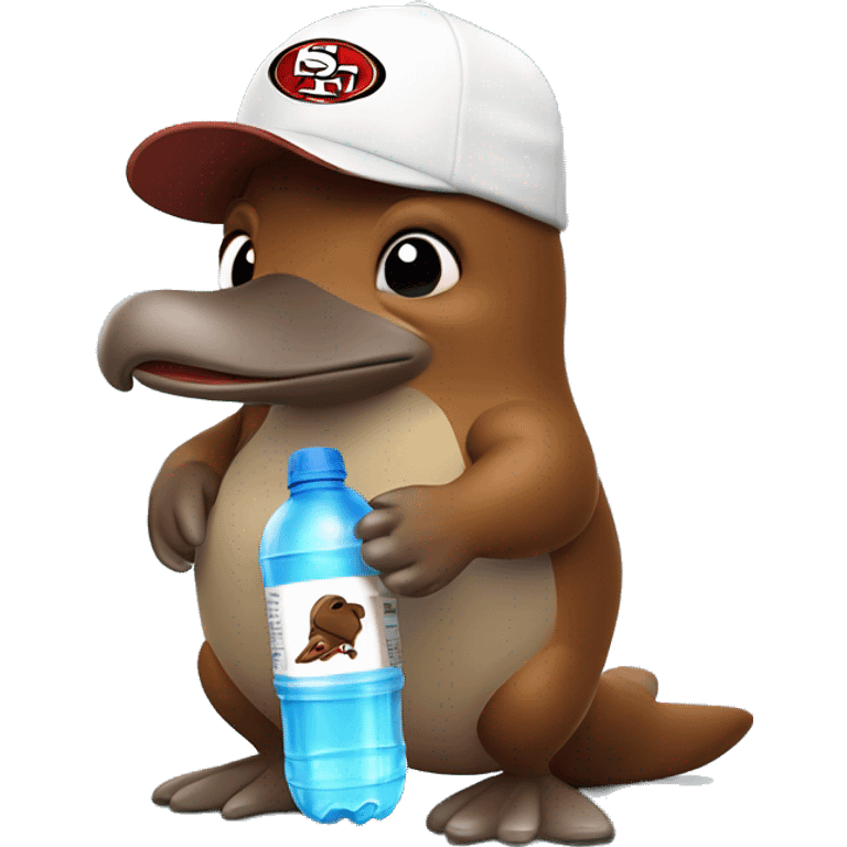 brown cartoon platypus wearing a white 49er hat holding water bottle emoji