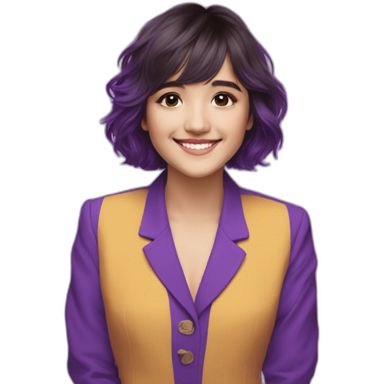 Shirley Setia front looking smiling wearing purple suit emoji