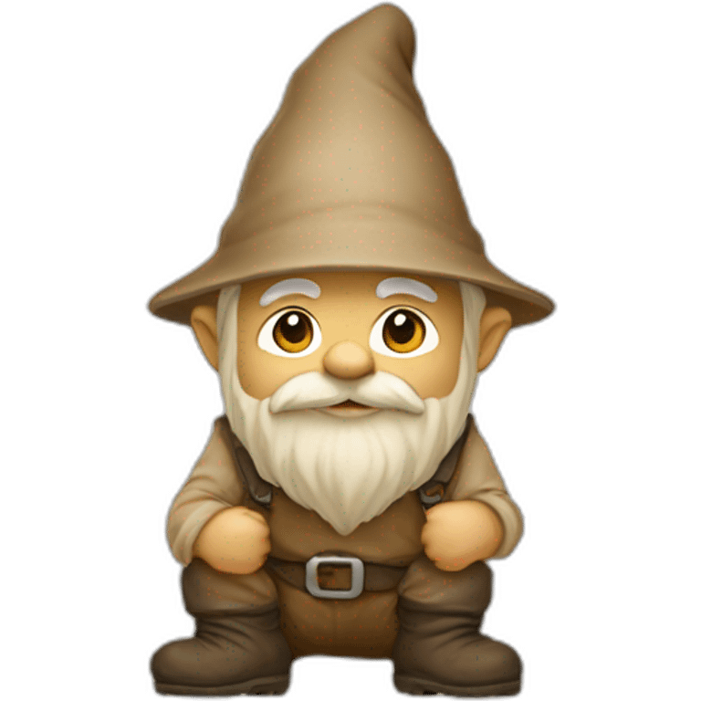 side view of gnome with light tan pants and boots squatting on top of small brown mud emoji