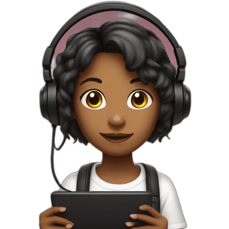 menina gamer com cabelo preto usando headset com orelhas de gatinho emoji