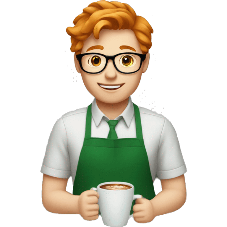 A barista boy ginger hair in a green apron wearing glasses holding a cup of coffee emoji