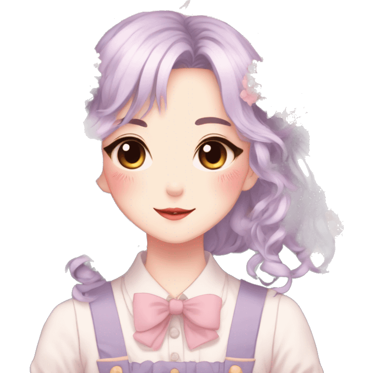 Gorgeous pastel anime style lady with blushing face and flowers and laces and bow ties and pretty hair aesthetic trending style emoji