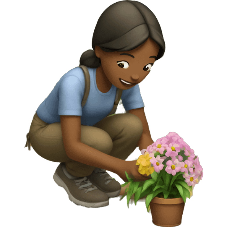 A girl plants flowers in the village emoji