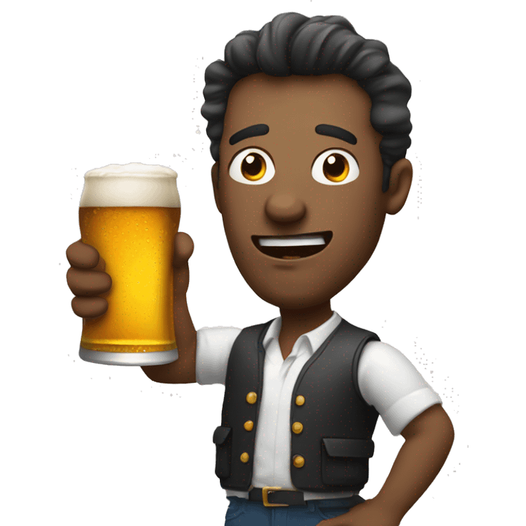 man with crazy face holding a beer bottle and a pint emoji