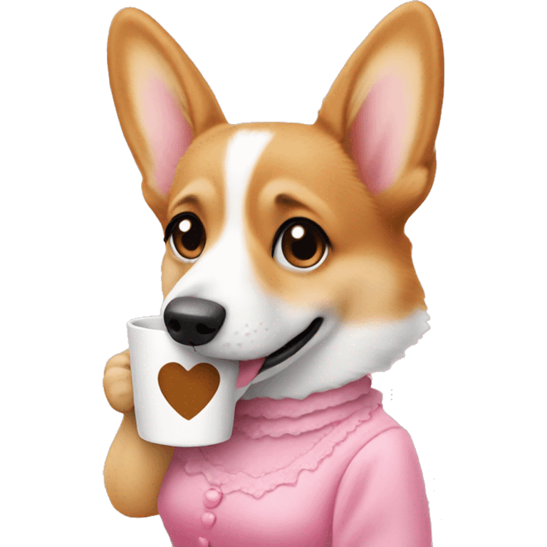 Corgi girl in a pink dress, drinking coffee  emoji