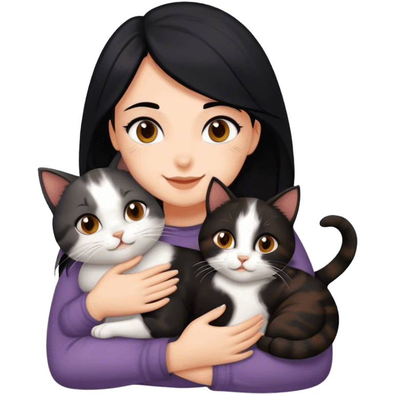 happy girl with black hair hugging three cats  (dark calico cat, gray cat, brown calico cat) emoji