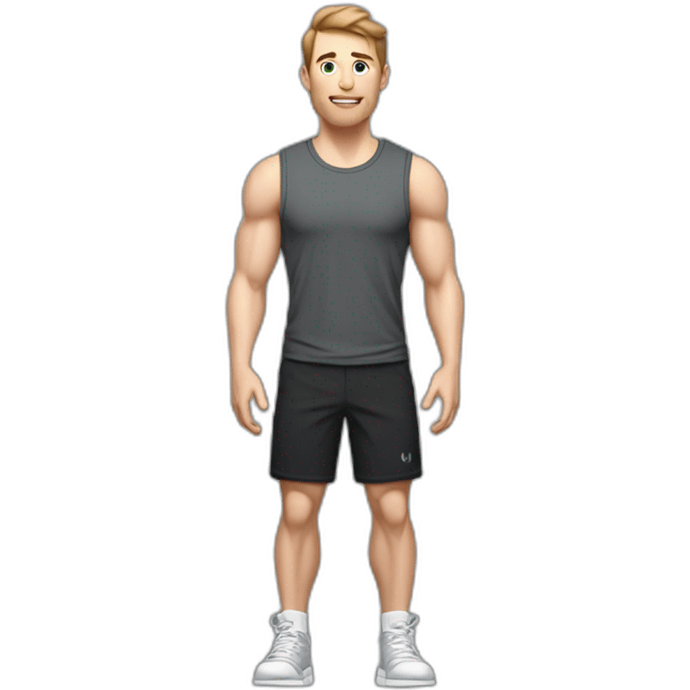 Full height Actively gesturing with hands Pale skinned Fit Man With the biceps and brown hair in dark gray Sleeveless Mike, black oversize sports shorts and white Sneakers emoji